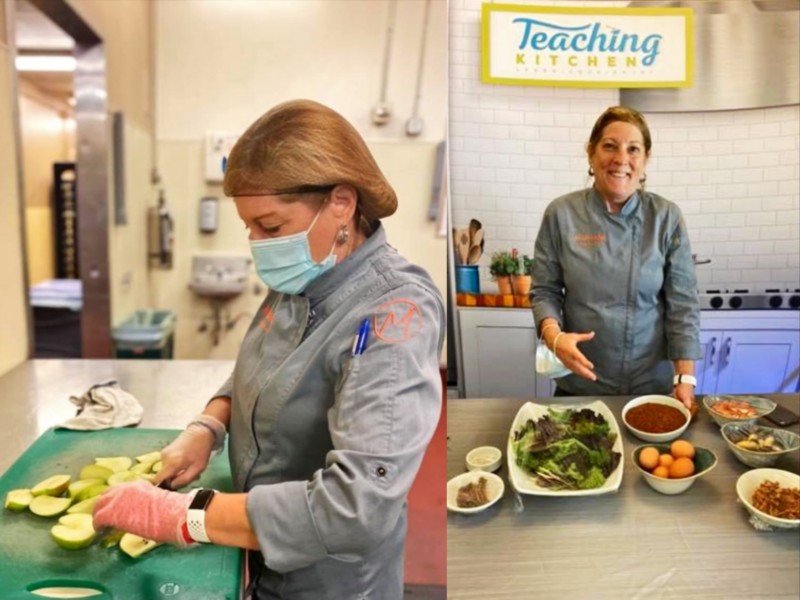 chef Marianne cooking and in teaching kitchen